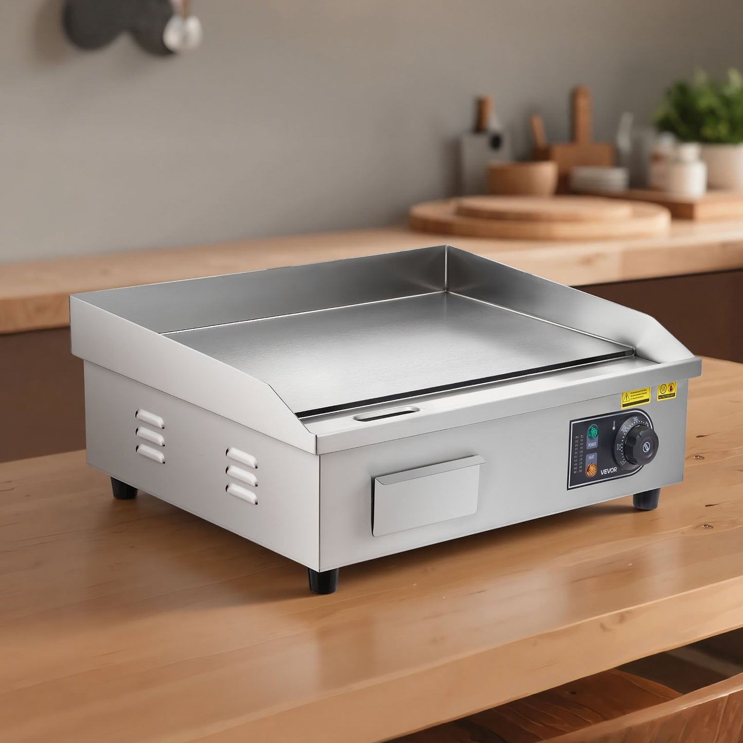 Commercial Electric Griddle, 21 x 11.8 inch, 1750W, 122-570°F Adjustable Temp Control, Stainless Steel Countertop Flat Top Grill with 2 Spatulas, 2 Brushes and 4 Foot Pads, for Steak, Pancake