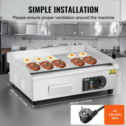 Commercial Electric Grill 3200W Countertop Semi-Flat Top Grill 122℉-572℉