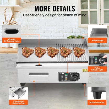 Commercial Electric Grill 3200W Countertop Semi-Flat Top Grill 122℉-572℉
