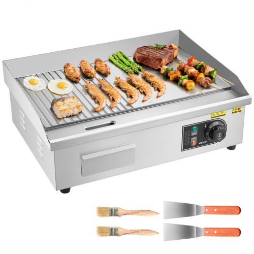 Commercial Electric Griddle, 21.06 x 11.81 inch, 1750W, 122-570°F Adjustable Temp Control, Stainless Steel Body, Half Grooved Half Flat, with 2 Spatulas, 2 Brushes, and 4 Foot Pads, for Steak