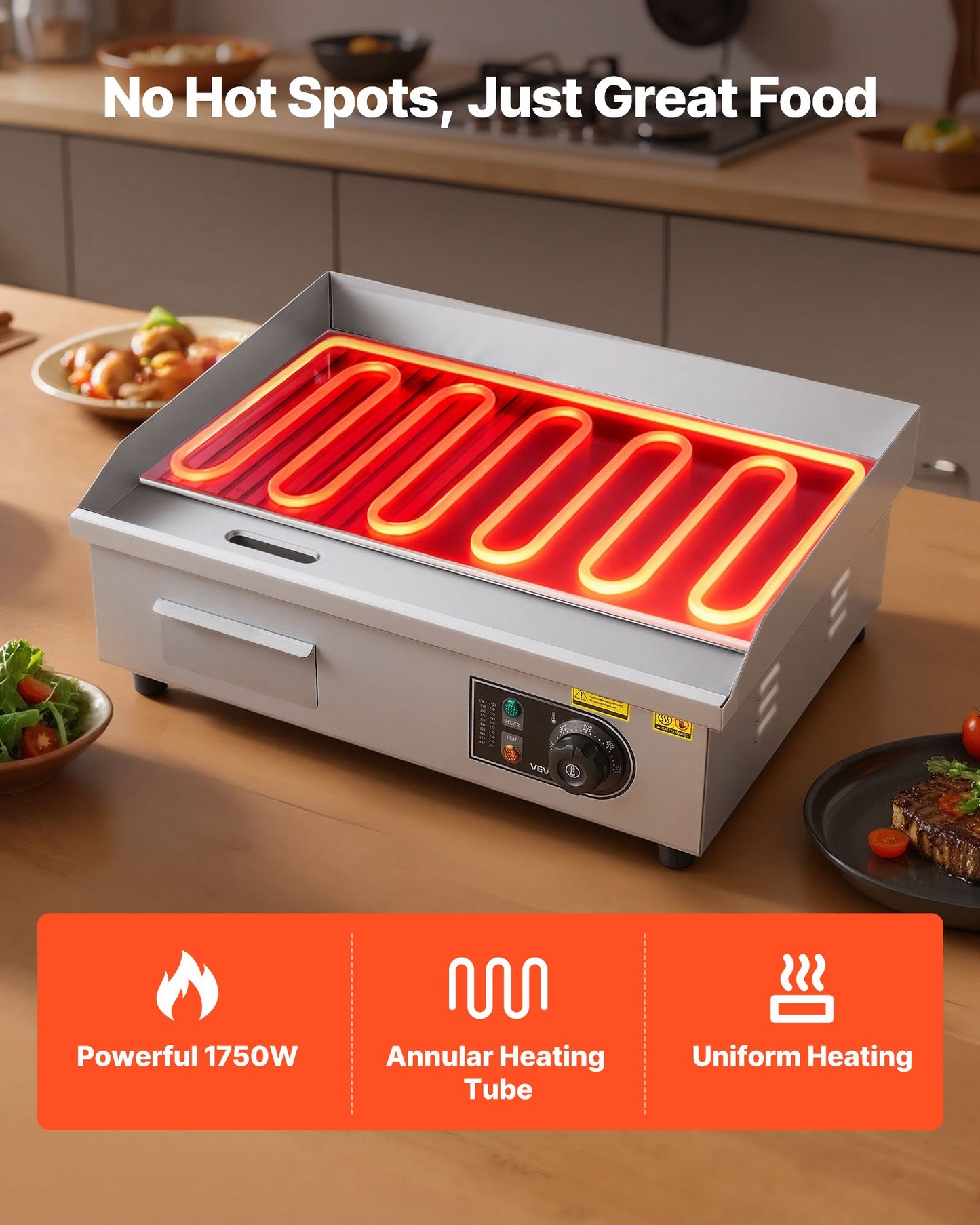Commercial Electric Griddle, 21.06 x 11.81 inch, 1750W, 122-570°F Adjustable Temp Control, Stainless Steel Body, Half Grooved Half Flat, with 2 Spatulas, 2 Brushes, and 4 Foot Pads, for Steak
