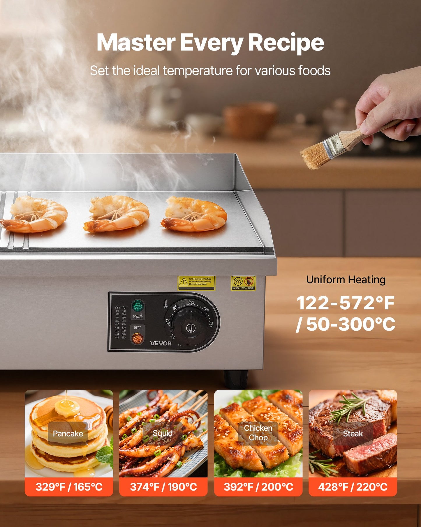 Commercial Electric Griddle, 21.06 x 11.81 inch, 1750W, 122-570°F Adjustable Temp Control, Stainless Steel Body, Half Grooved Half Flat, with 2 Spatulas, 2 Brushes, and 4 Foot Pads, for Steak
