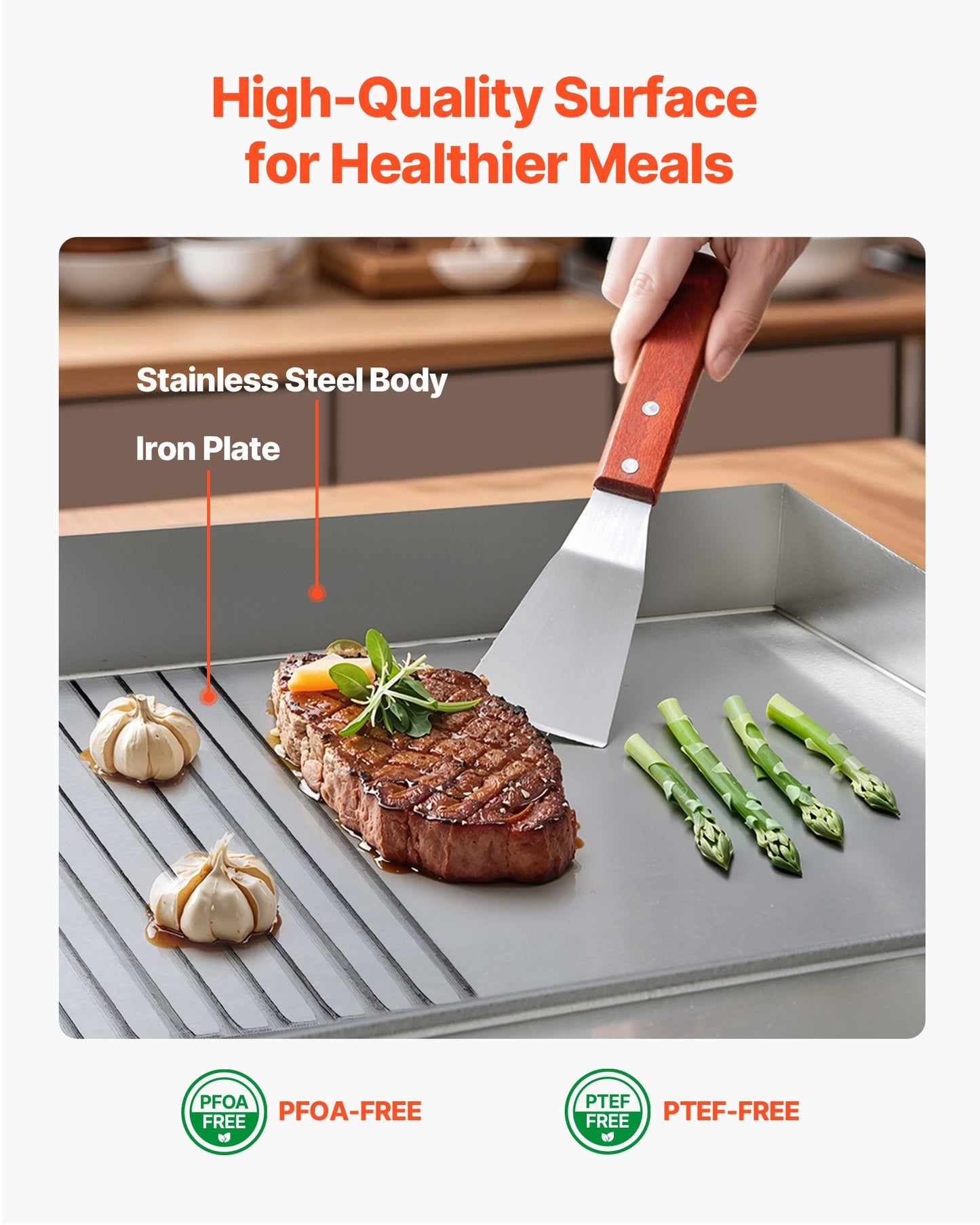 Commercial Electric Griddle, 21.06 x 11.81 inch, 1750W, 122-570°F Adjustable Temp Control, Stainless Steel Body, Half Grooved Half Flat, with 2 Spatulas, 2 Brushes, and 4 Foot Pads, for Steak