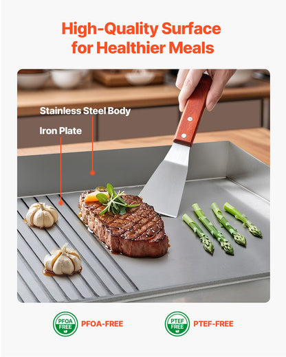 Commercial Electric Griddle, 21.06 x 11.81 inch, 1750W, 122-570°F Adjustable Temp Control, Stainless Steel Body, Half Grooved Half Flat, with 2 Spatulas, 2 Brushes, and 4 Foot Pads, for Steak