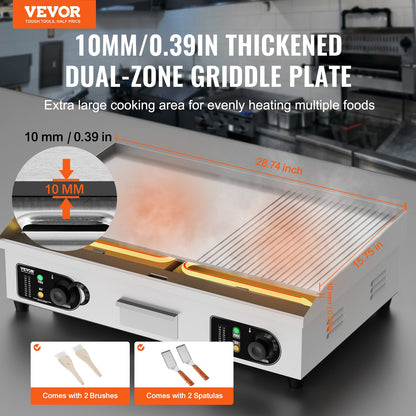 Commercial Electric Grill 4400W Countertop Semi-Flat Top Grill 122℉-572℉