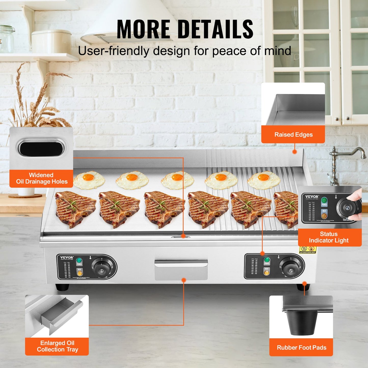 Commercial Electric Grill 4400W Countertop Semi-Flat Top Grill 122℉-572℉