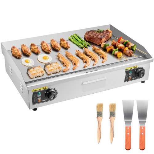 Commercial Electric Griddle, 28.54 x 15.75 in, 4400W, 122-570°F Adjustable Temp Control, Stainless Steel Countertop Full Flat Top Grill with 2 Spatulas and 2 Brushes, for Steak, Pancake, Squid