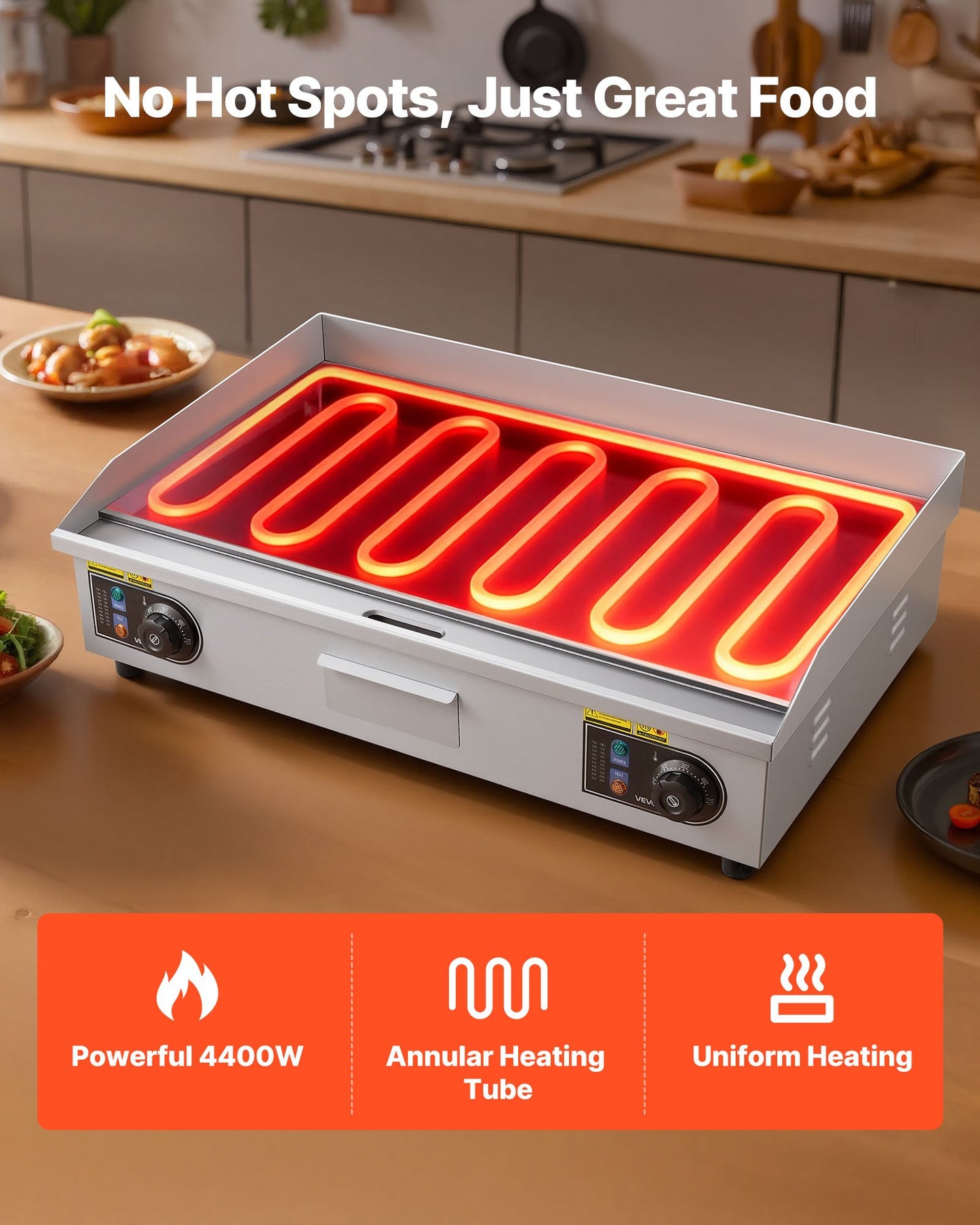 Commercial Electric Griddle, 28.54 x 15.75 in, 4400W, 122-570°F Adjustable Temp Control, Stainless Steel Countertop Full Flat Top Grill with 2 Spatulas and 2 Brushes, for Steak, Pancake, Squid