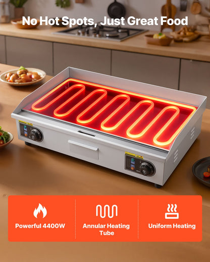 Commercial Electric Griddle, 28.54 x 15.75 in, 4400W, 122-570°F Adjustable Temp Control, Stainless Steel Countertop Full Flat Top Grill with 2 Spatulas and 2 Brushes, for Steak, Pancake, Squid