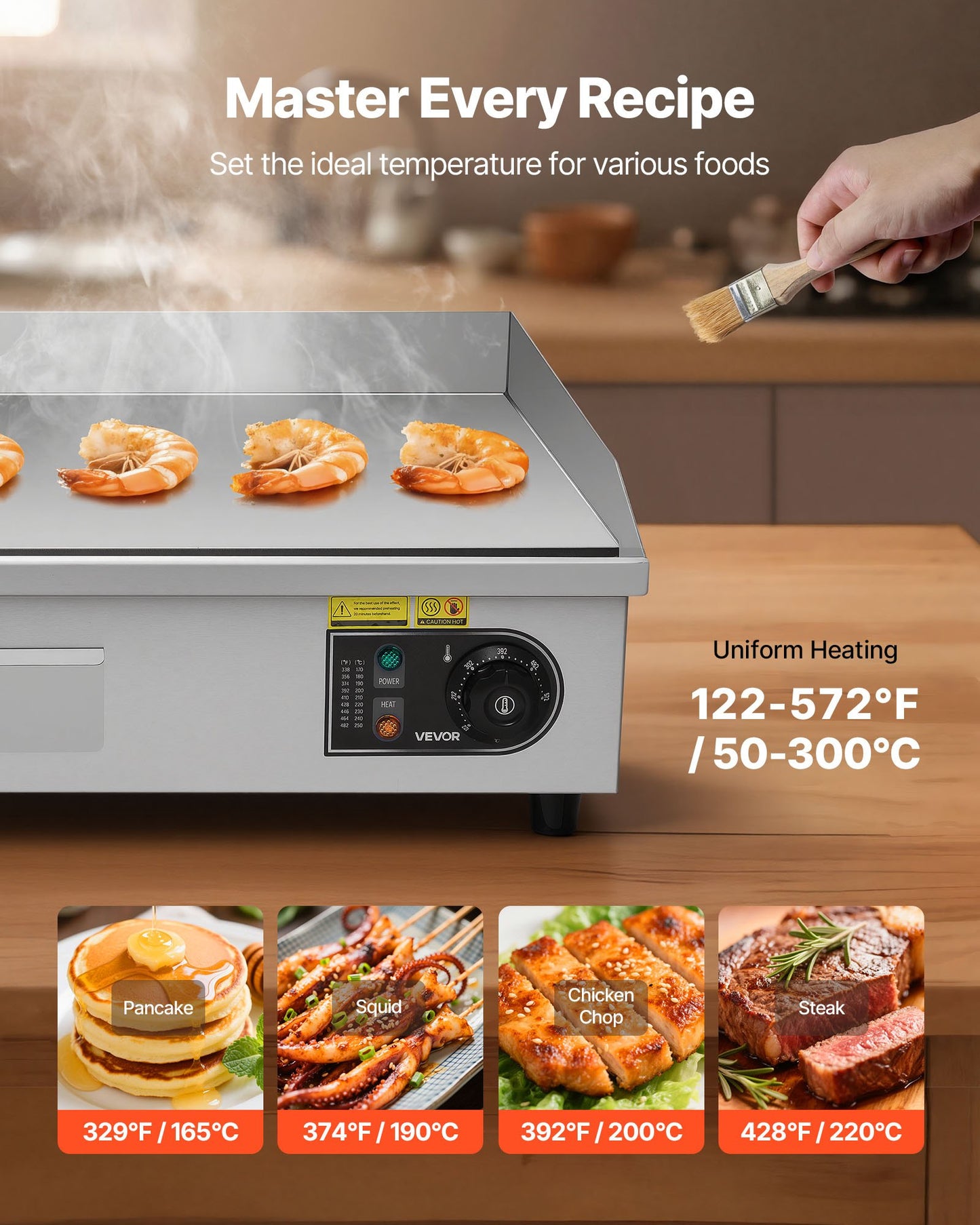 Commercial Electric Griddle, 28.54 x 15.75 in, 4400W, 122-570°F Adjustable Temp Control, Stainless Steel Countertop Full Flat Top Grill with 2 Spatulas and 2 Brushes, for Steak, Pancake, Squid