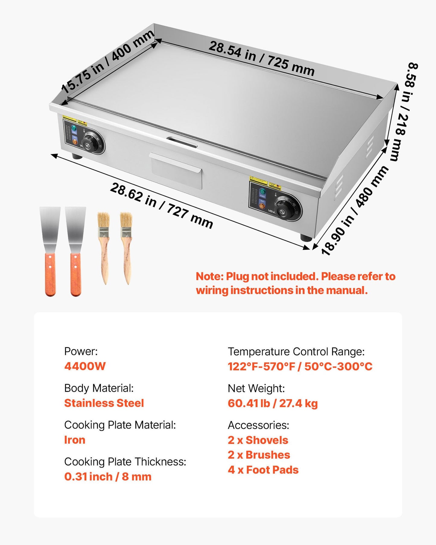 Commercial Electric Griddle, 28.54 x 15.75 in, 4400W, 122-570°F Adjustable Temp Control, Stainless Steel Countertop Full Flat Top Grill with 2 Spatulas and 2 Brushes, for Steak, Pancake, Squid
