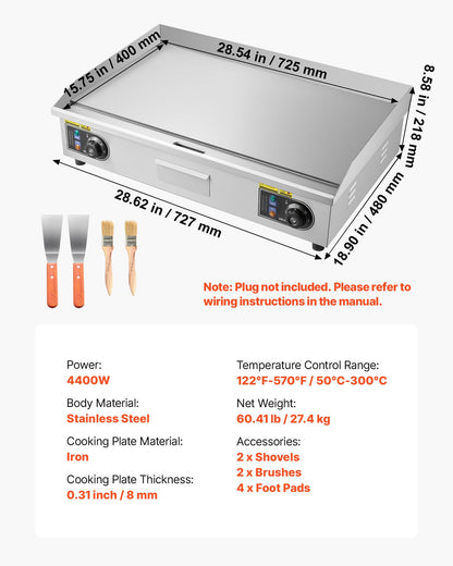 Commercial Electric Griddle, 28.54 x 15.75 in, 4400W, 122-570°F Adjustable Temp Control, Stainless Steel Countertop Full Flat Top Grill with 2 Spatulas and 2 Brushes, for Steak, Pancake, Squid