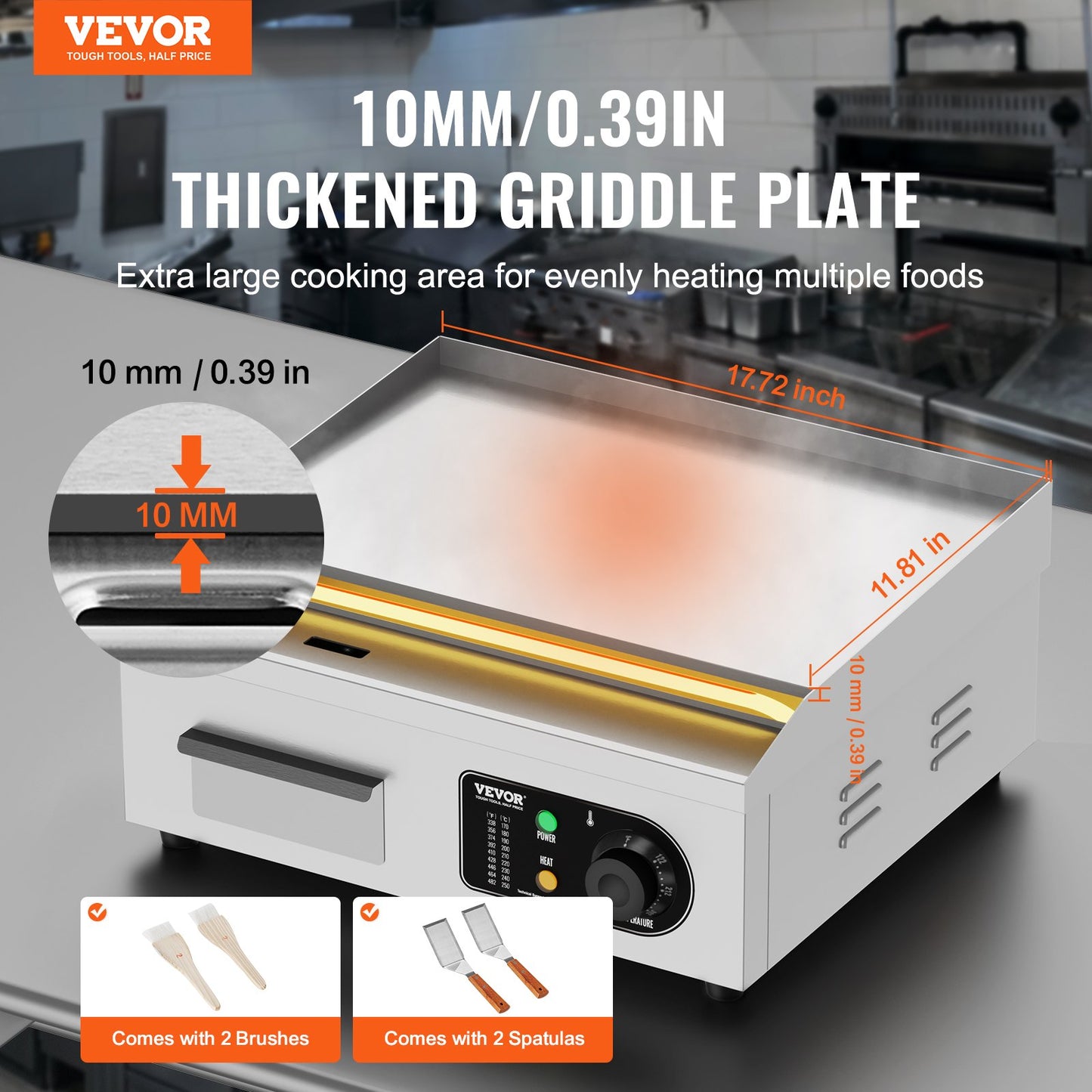 Commercial Electric Grill 2800W Countertop Flat Grill 122℉-572℉
