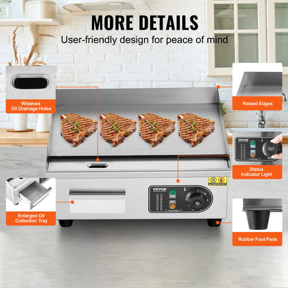 Commercial Electric Grill 2800W Countertop Flat Grill 122℉-572℉