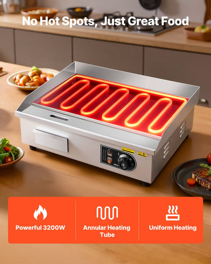 Commercial Electric Griddle, 21.06 x 11.81 inch, 3200W, 122-570°F Adjustable Temp Control, Stainless Steel Body, Full Flat, with 2 Spatulas, 2 Brushes, and 4 Foot Pads, for Steak, Pancake