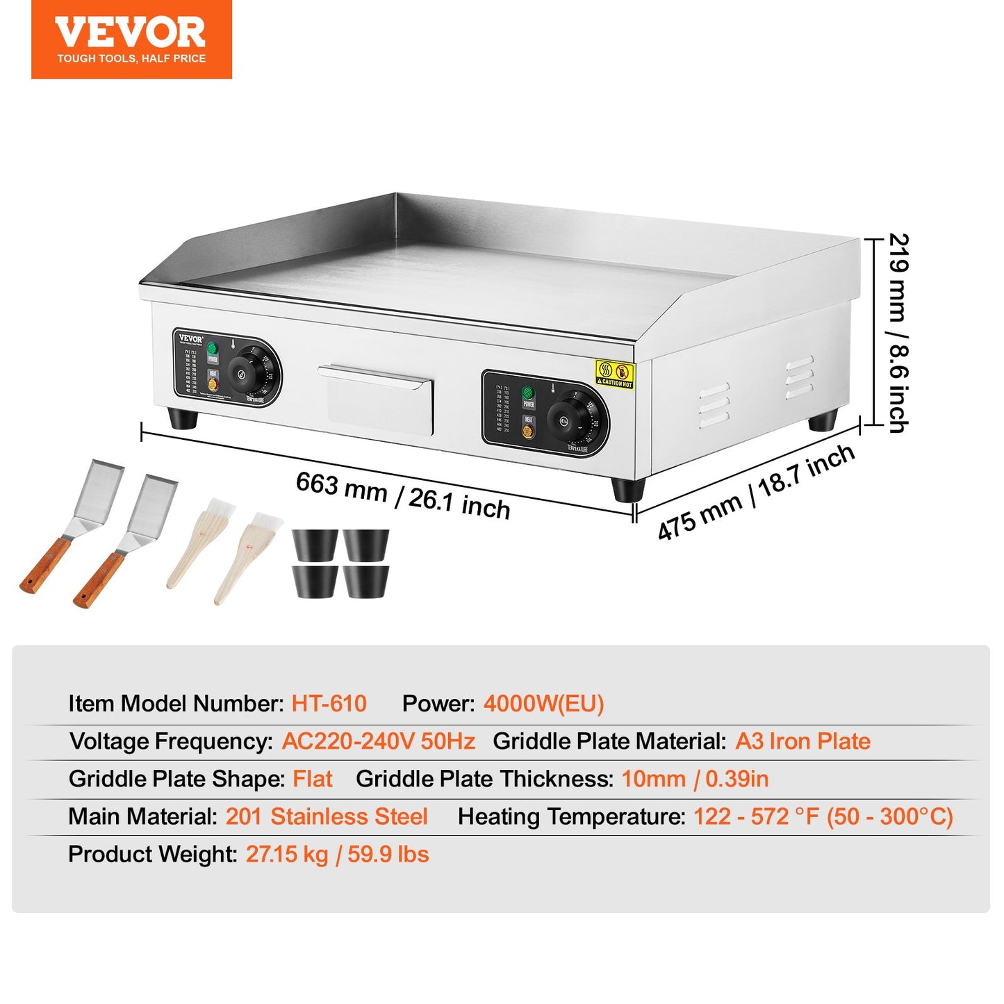 Commercial Electric Grill 4000W Countertop Flat Grill 122℉-572℉