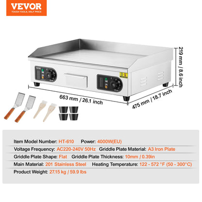 Commercial Electric Grill 4000W Countertop Flat Grill 122℉-572℉