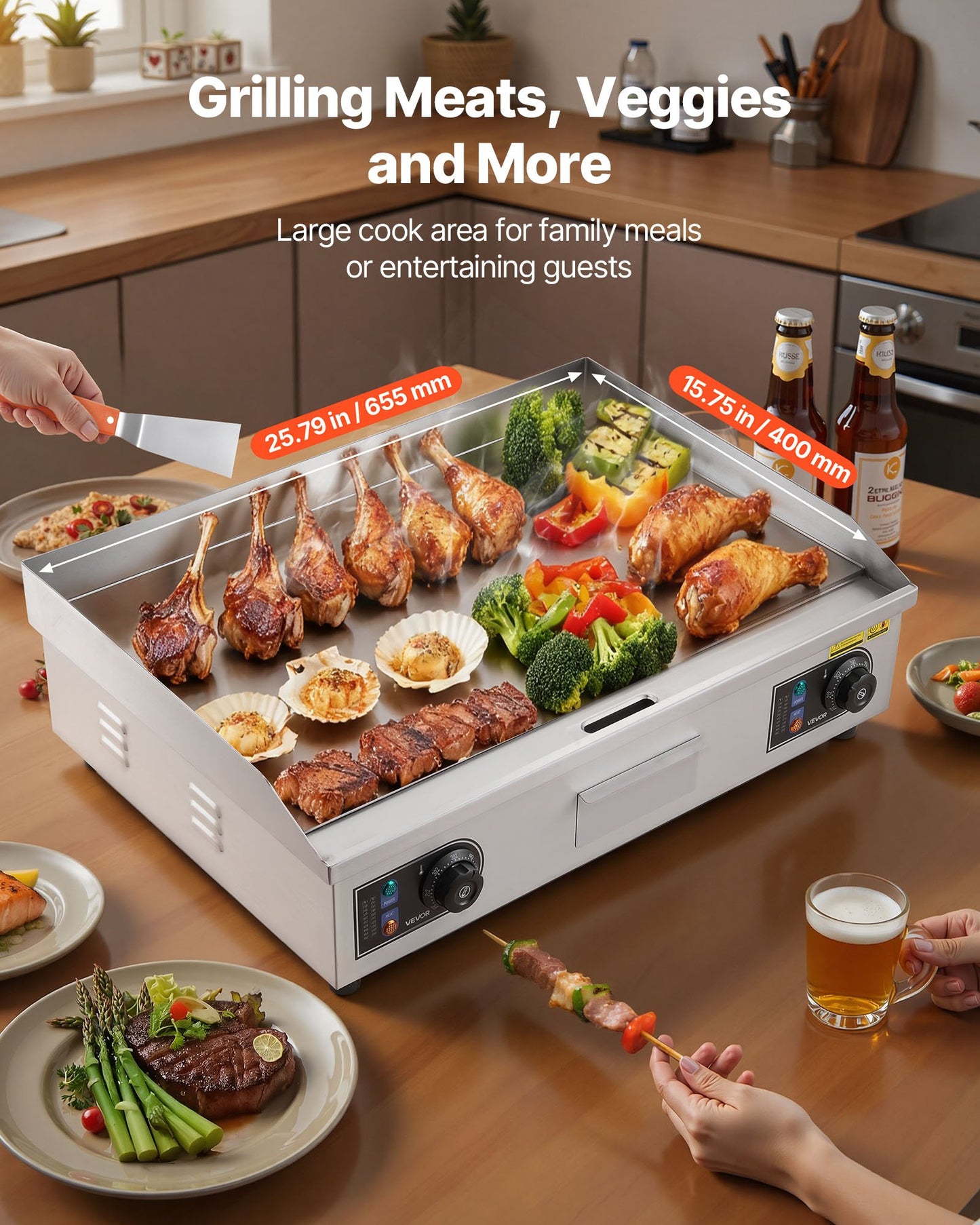 Commercial Electric Griddle, 25.79 x 15.75 inch, 2800W, 122-570°F Adjustable Temp Control, Stainless Steel Body, Full Flat, with 2 Spatulas, 2 Brushes, and 4 Foot Pads, for Steak, Pancake