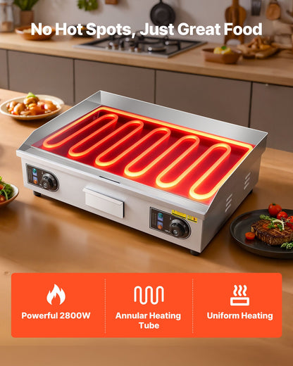 Commercial Electric Griddle, 25.79 x 15.75 inch, 2800W, 122-570°F Adjustable Temp Control, Stainless Steel Body, Full Flat, with 2 Spatulas, 2 Brushes, and 4 Foot Pads, for Steak, Pancake