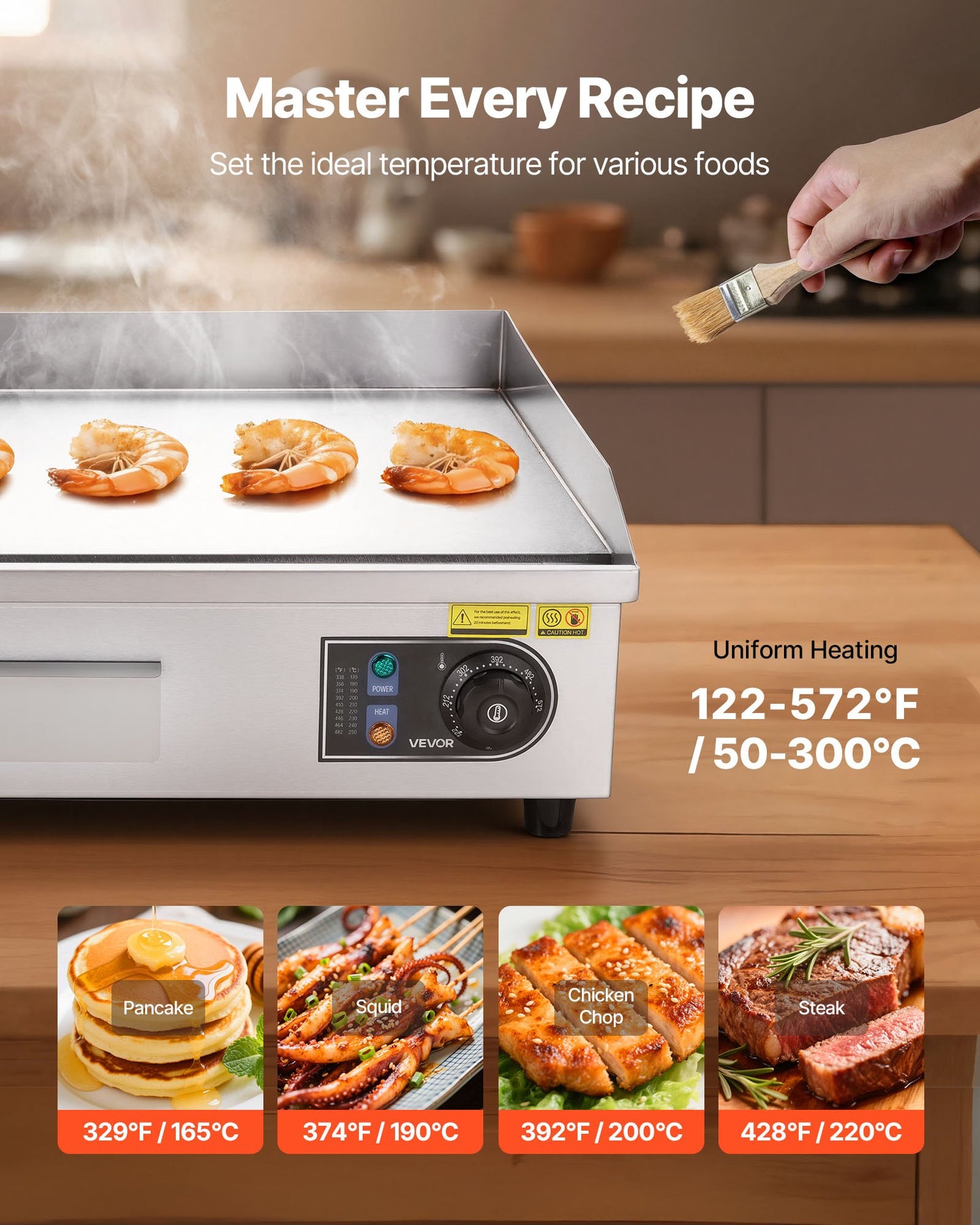 Commercial Electric Griddle, 25.79 x 15.75 inch, 2800W, 122-570°F Adjustable Temp Control, Stainless Steel Body, Full Flat, with 2 Spatulas, 2 Brushes, and 4 Foot Pads, for Steak, Pancake