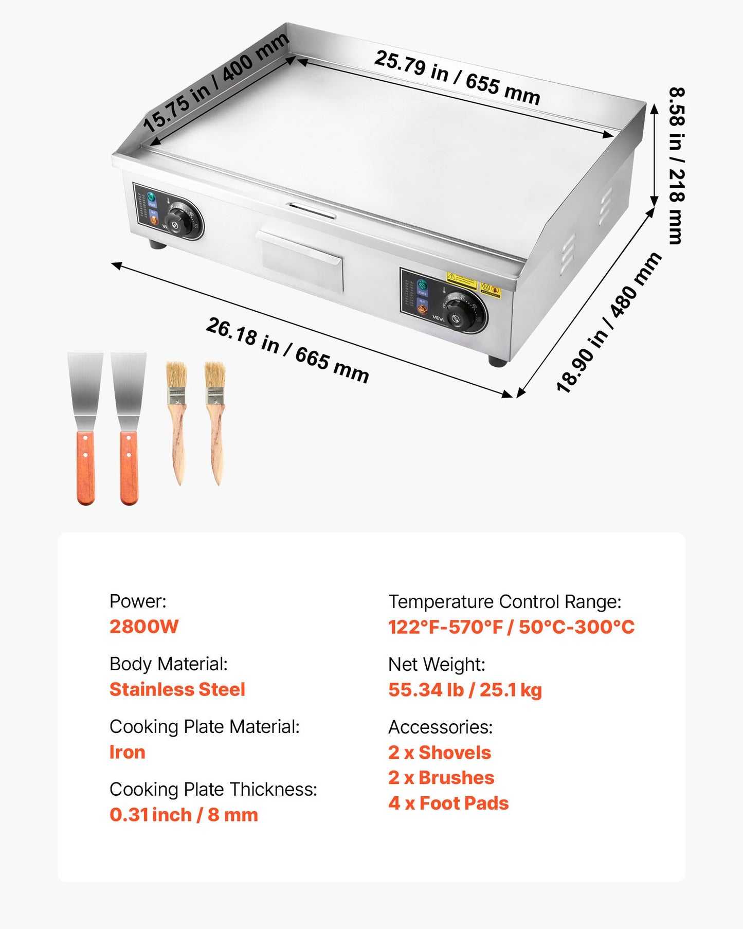 Commercial Electric Griddle, 25.79 x 15.75 inch, 2800W, 122-570°F Adjustable Temp Control, Stainless Steel Body, Full Flat, with 2 Spatulas, 2 Brushes, and 4 Foot Pads, for Steak, Pancake