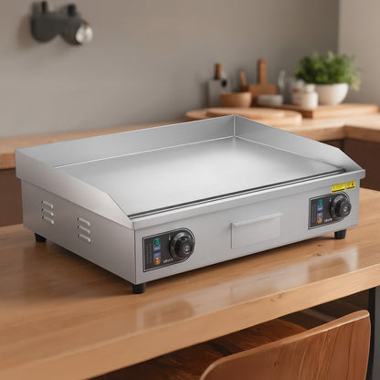 Commercial Electric Griddle, 25.79 x 15.75 inch, 2800W, 122-570°F Adjustable Temp Control, Stainless Steel Body, Full Flat, with 2 Spatulas, 2 Brushes, and 4 Foot Pads, for Steak, Pancake