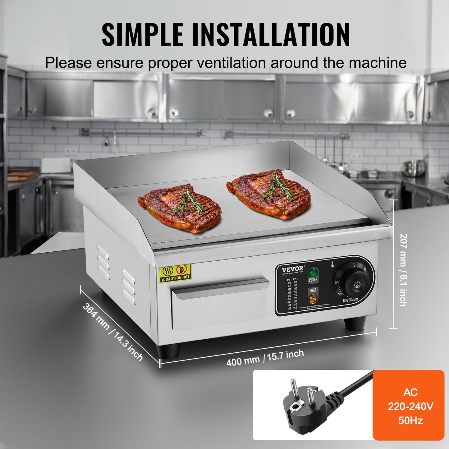Kommerzieller Elektrogrill, 2000 W, Flachgrill für die Arbeitsplatte, 122℉-572℉