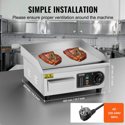 Kommerzieller Elektrogrill, 2000 W, Flachgrill für die Arbeitsplatte, 122℉-572℉