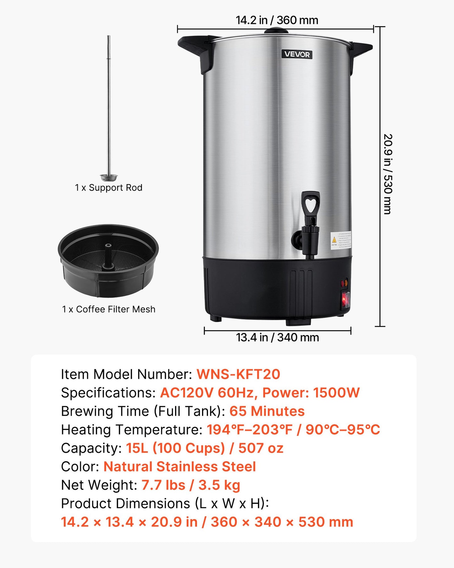 Commercial Coffee Urn, 100 Cup 15 L Hot Beverage Dispenser with Dripless Faucet, Quick-Brewing Stainless Steel Large Commercial Coffee Maker, for Catering, Business, Party, Church & Restaurant