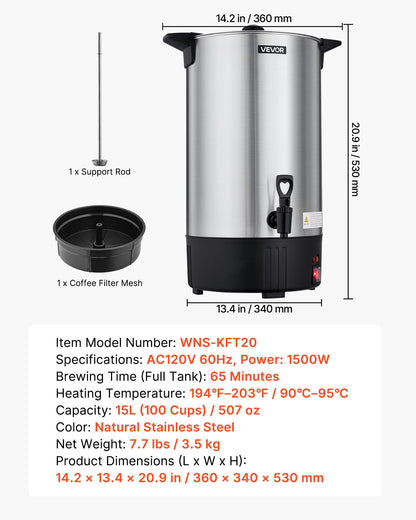 Commercial Coffee Urn, 100 Cup 15 L Hot Beverage Dispenser with Dripless Faucet, Quick-Brewing Stainless Steel Large Commercial Coffee Maker, for Catering, Business, Party, Church & Restaurant
