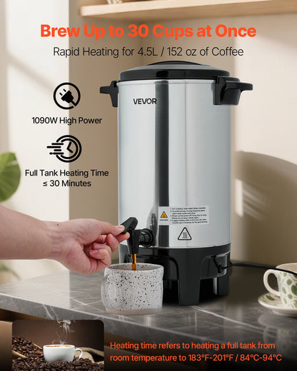 Commercial Coffee Urn, 30 Cup 4.5 L Hot Beverage Dispenser with Dripless Faucet, Quick-Brewing Commercial Coffee Maker, Automatic Temperature Control, for Catering, Party, Church & Restaurant