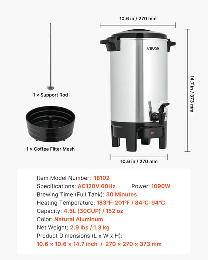 Commercial Coffee Urn, 30 Cup 4.5 L Hot Beverage Dispenser with Dripless Faucet, Quick-Brewing Commercial Coffee Maker, Automatic Temperature Control, for Catering, Party, Church & Restaurant