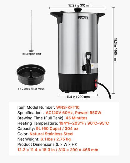 Commercial Coffee Urn, 60 Cup 9 L Hot Beverage Dispenser with Dripless Faucet, Quick-Brewing Stainless Steel Large Commercial Coffee Maker, for Catering, Business, Party, Church & Restaurant