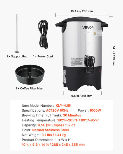 Commercial Coffee Urn, 30 Cup 4.5 L Hot Beverage Dispenser with Dripless Faucet, Quick-Brewing Commercial Coffee Maker with Stainless Steel Liner, for Catering, Business, Church & Restaurant