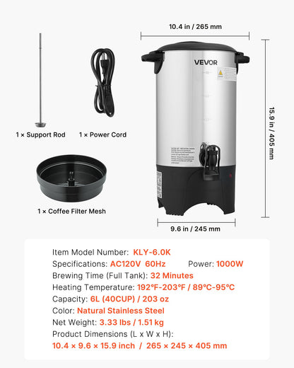 Commercial Coffee Urn, 40 Cup 6 L Hot Beverage Dispenser with Dripless Faucet, Quick-Brewing Commercial Coffee Maker, with Stainless Steel Liner, for Catering, Business, Church & Restaurant