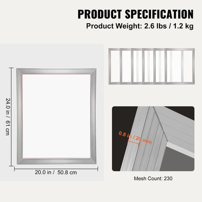 Screen Printing Kit, 2 Pieces Aluminum Silk Screen Printing Frames, 20x24inch Silk Screen Printing Frame with 230 Count Mesh, High Tension Nylon Mesh and Sealing Tape for T-shirts DIY Printing