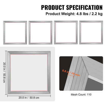 Screen Printing Kit, 4 Pieces Aluminum Silk Screen Printing Frames, 20x20inch Silk Screen Printing Frame with 110 Count Mesh, High Tension Nylon Mesh and Sealing Tape for T-shirts DIY Printing