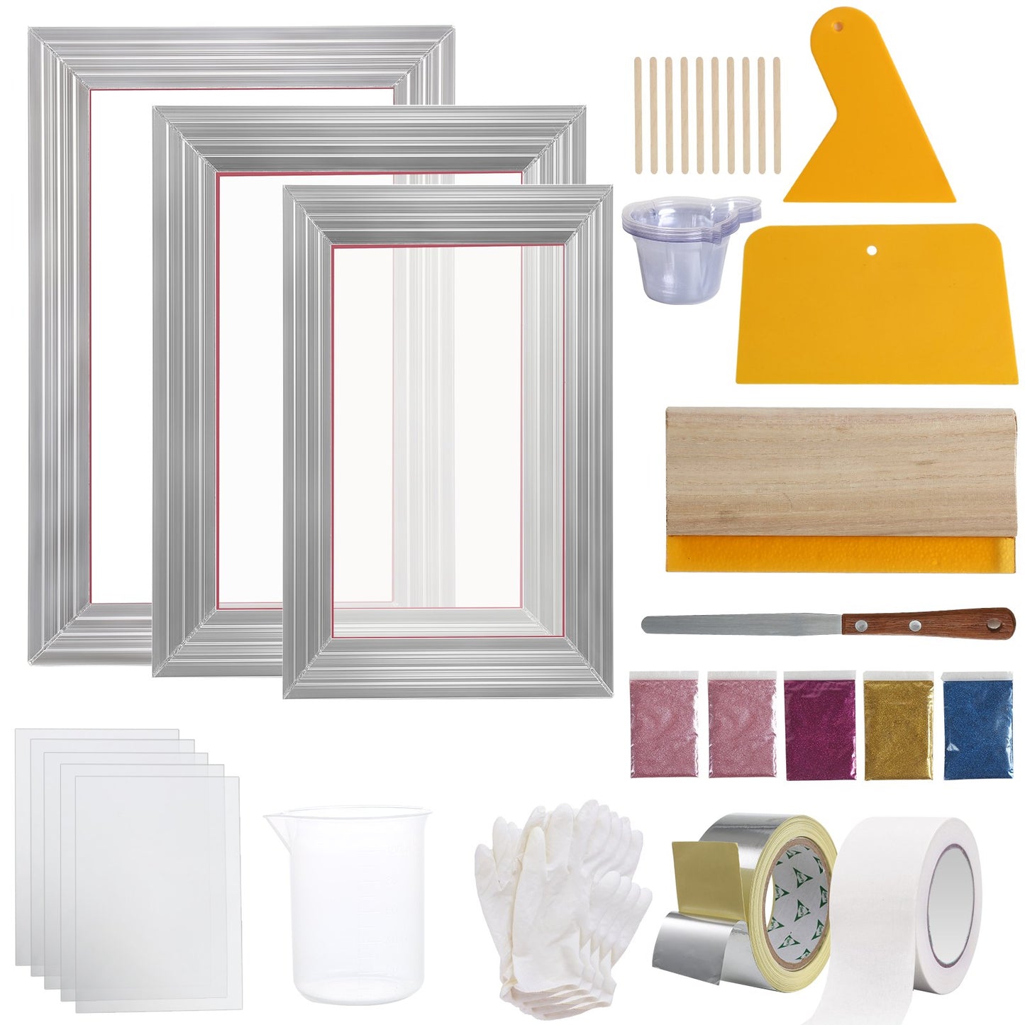 Siebdruck-Set, 3-teilig, Aluminium-Siebdruckrahmen 6 x 10/8 x 12/10 x 14 Zoll, 110 Maschen, 5 Glitzer- und Siebdruckschaber und Transparenzfolie für den DIY-Druck von T-Shirts