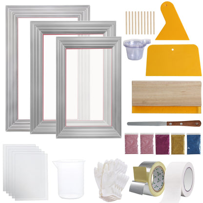 Siebdruck-Set, 3-teilig, Aluminium-Siebdruckrahmen 6 x 10/8 x 12/10 x 14 Zoll, 110 Maschen, 5 Glitzer- und Siebdruckschaber und Transparenzfolie für den DIY-Druck von T-Shirts