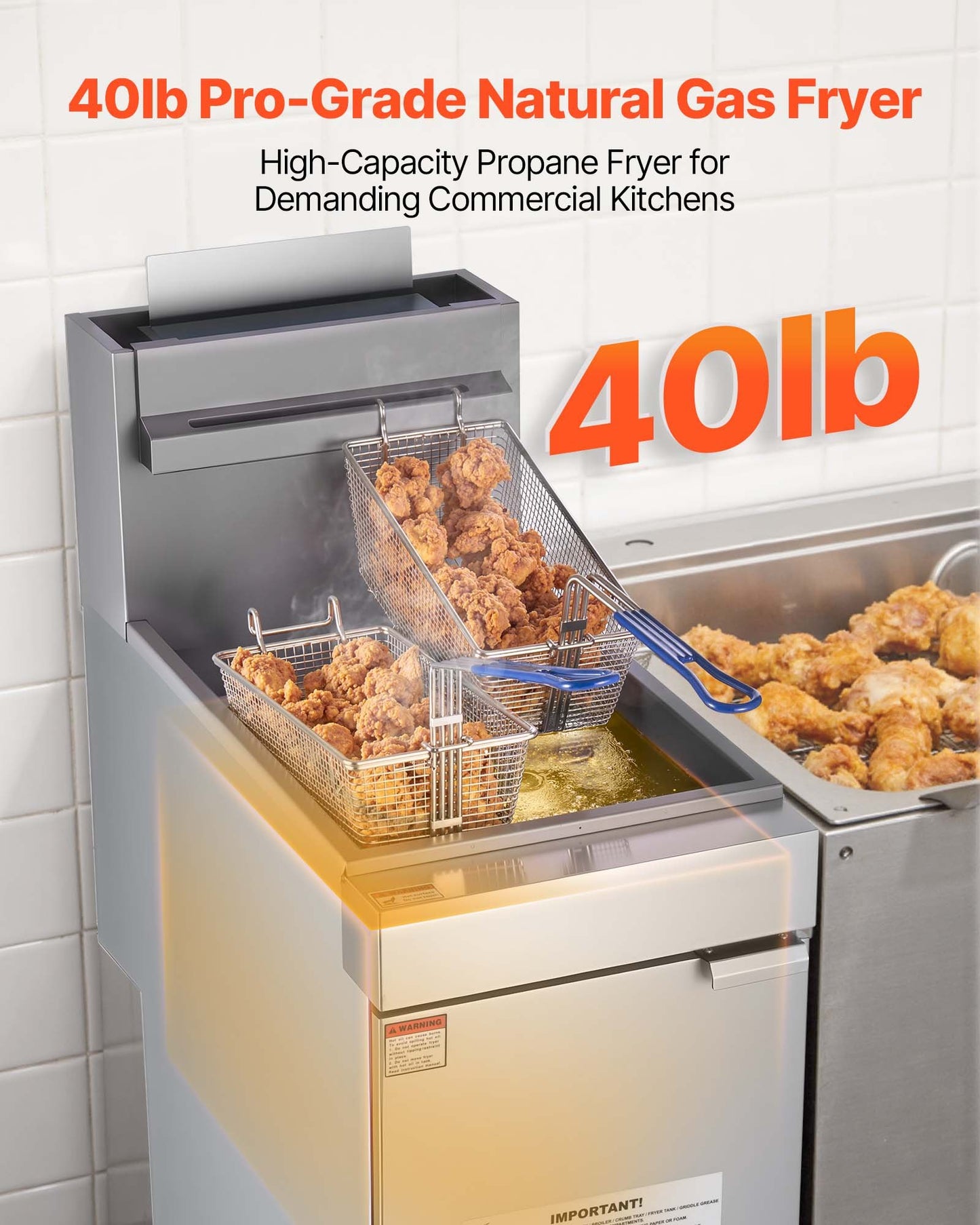 Commercial Deep Fryer, 3-Burner Fryer for Restaurants, Stainless Steel Floor Standing Deep Fryers with Dual Baskets and Adjustable Temperature, Natural Gas Powered, 40 lbs Capacity, 90,000 BTU