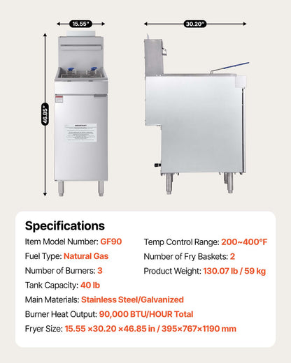 Commercial Deep Fryer, 3-Burner Fryer for Restaurants, Stainless Steel Floor Standing Deep Fryers with Dual Baskets and Adjustable Temperature, Natural Gas Powered, 40 lbs Capacity, 90,000 BTU