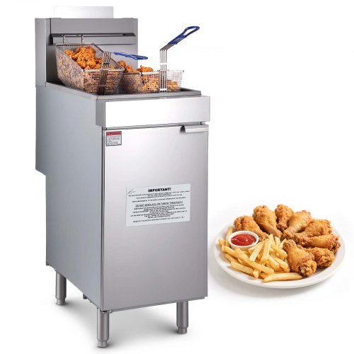 Commercial Deep Fryer, 3-Burner Fryer for Restaurants, Stainless Steel Floor Standing Deep Fryers with Dual Baskets and Adjustable Temperature, Propane Powered, 40 lbs Capacity, 90,000 BTU