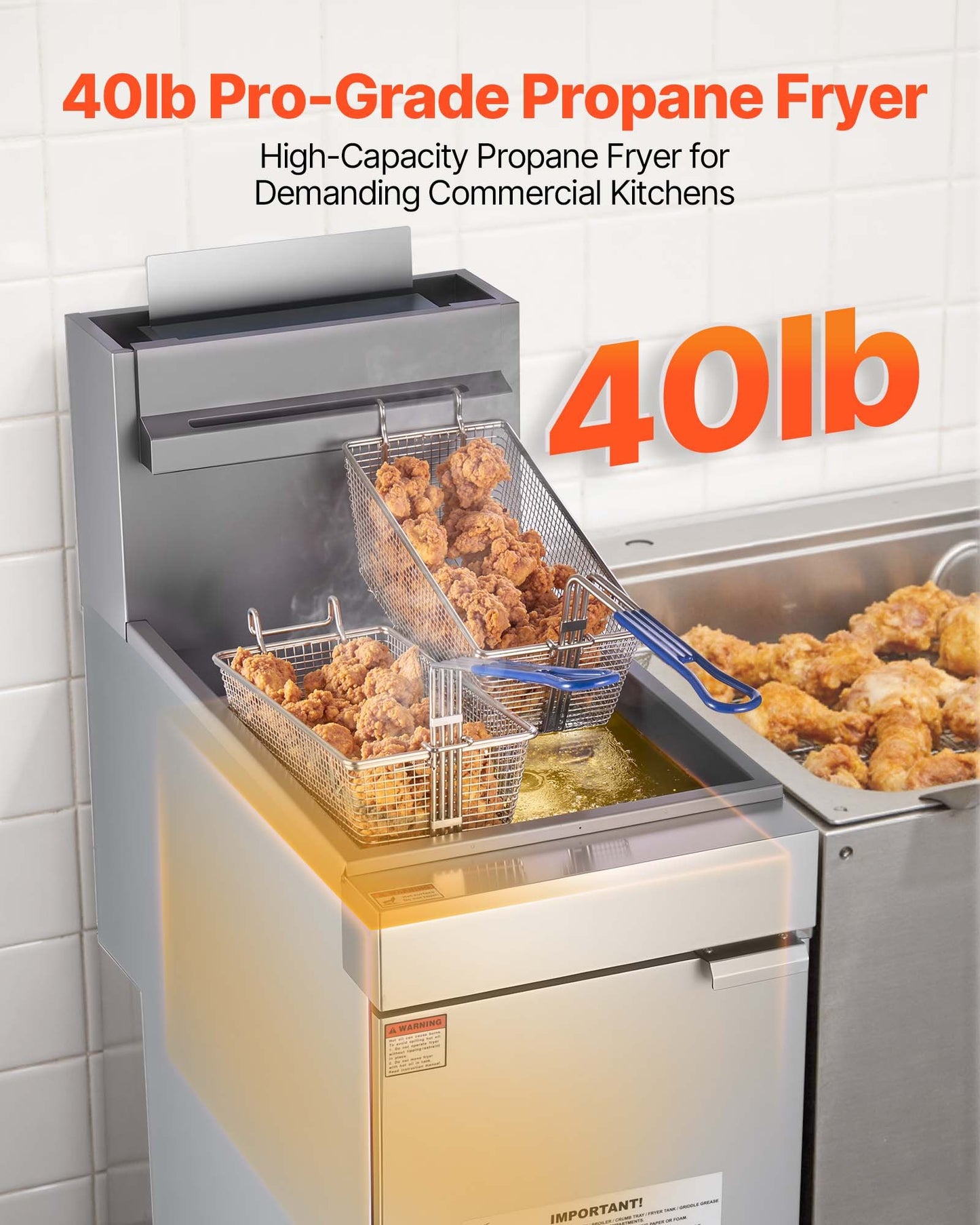 Commercial Deep Fryer, 3-Burner Fryer for Restaurants, Stainless Steel Floor Standing Deep Fryers with Dual Baskets and Adjustable Temperature, Propane Powered, 40 lbs Capacity, 90,000 BTU