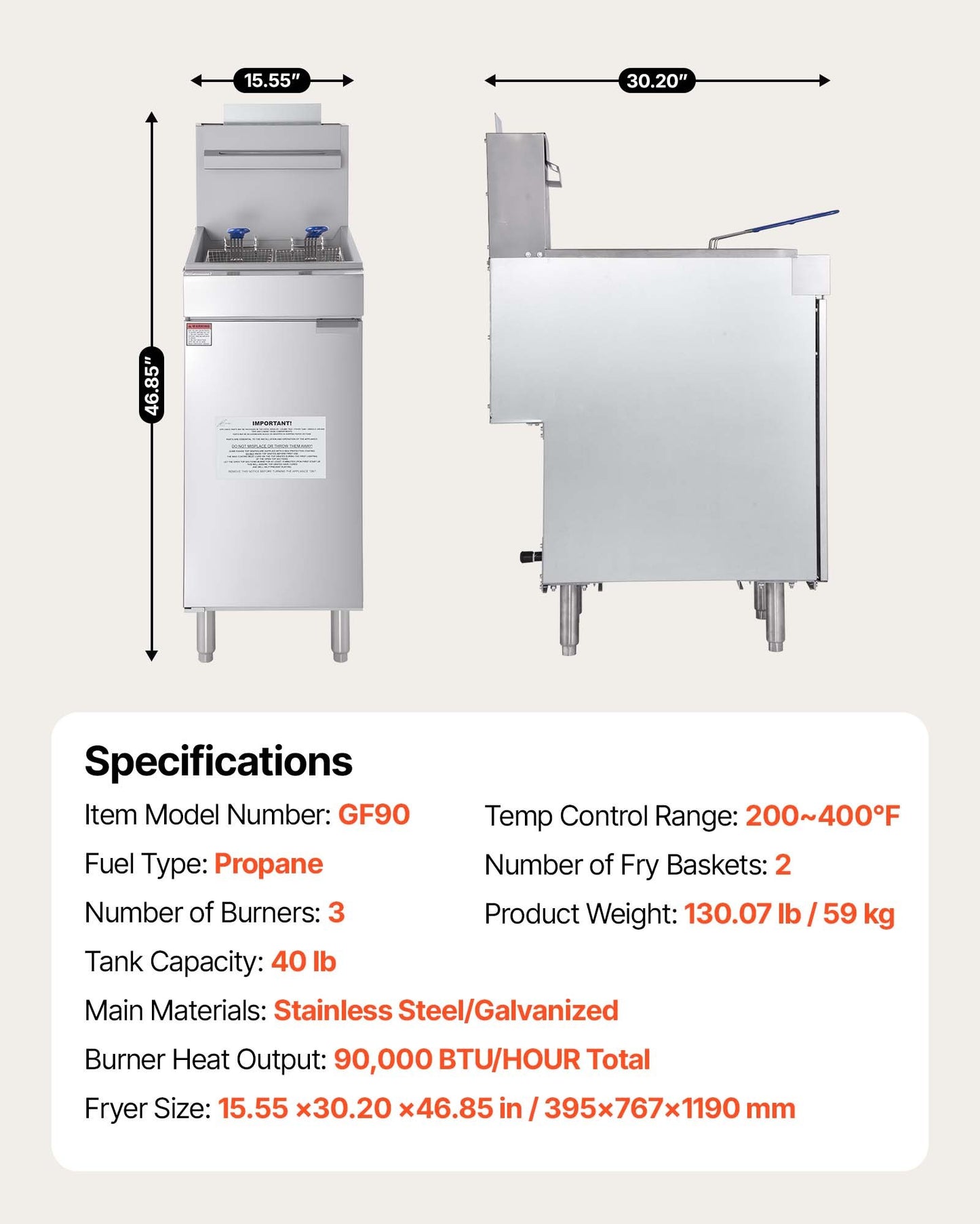 Commercial Deep Fryer, 3-Burner Fryer for Restaurants, Stainless Steel Floor Standing Deep Fryers with Dual Baskets and Adjustable Temperature, Propane Powered, 40 lbs Capacity, 90,000 BTU