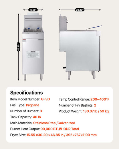 Commercial Deep Fryer, 3-Burner Fryer for Restaurants, Stainless Steel Floor Standing Deep Fryers with Dual Baskets and Adjustable Temperature, Propane Powered, 40 lbs Capacity, 90,000 BTU