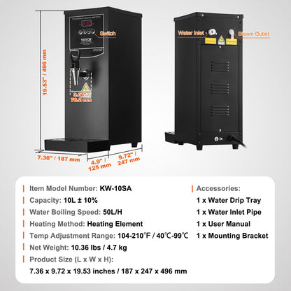 Commercial Water Boiler, Electric Hot Water Dispenser with 316 Stainless Steel Heating Tube, 1500W Step-by-step Fast Heating 50L per Hour Hot Water Boiler, for Coffee Tea Restaurant Office