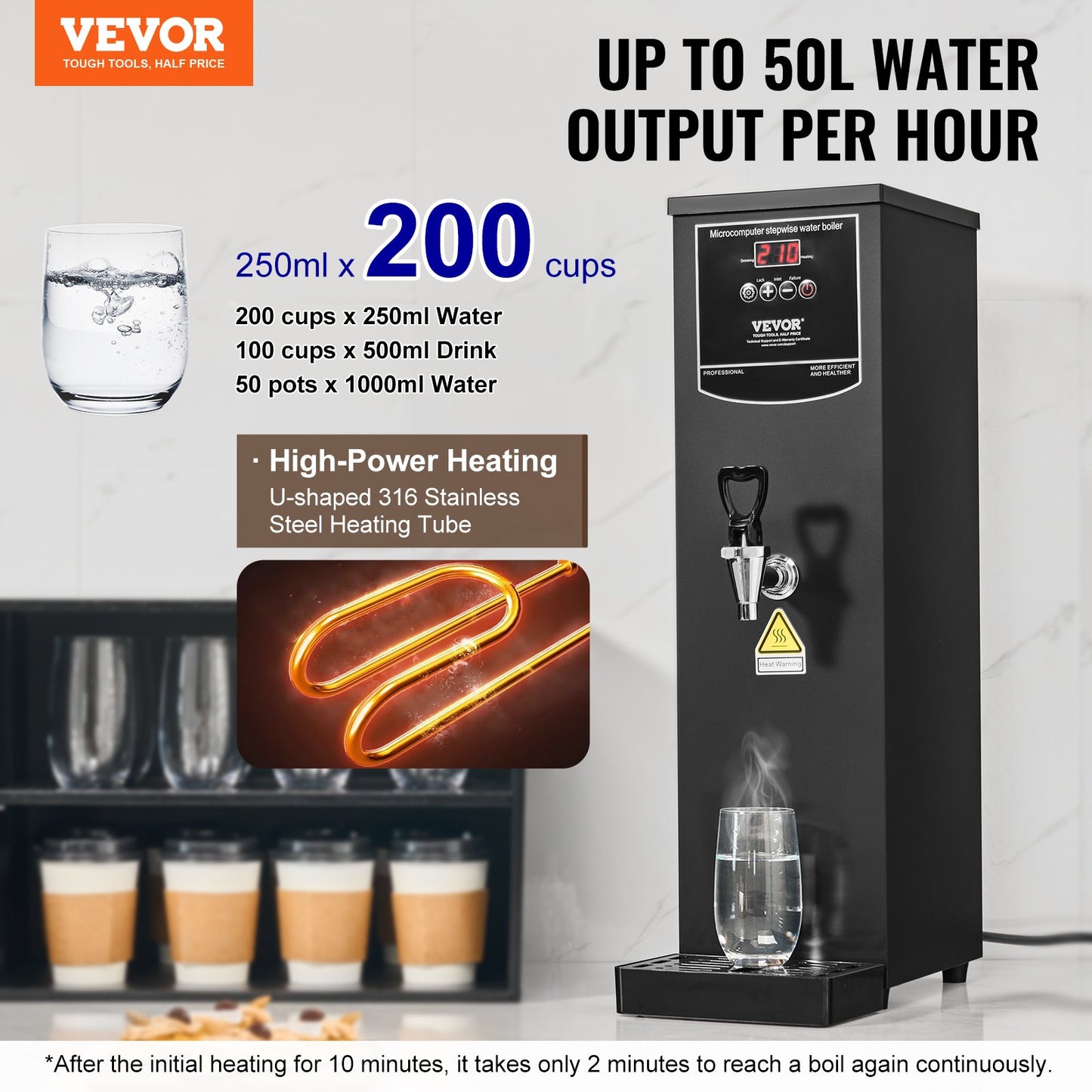 Commercial Water Boiler, Electric Hot Water Dispenser with 316 Stainless Steel Heating Tube, 1500W Step-by-step Fast Heating 50L per Hour Hot Water Boiler, for Coffee Tea Restaurant Office