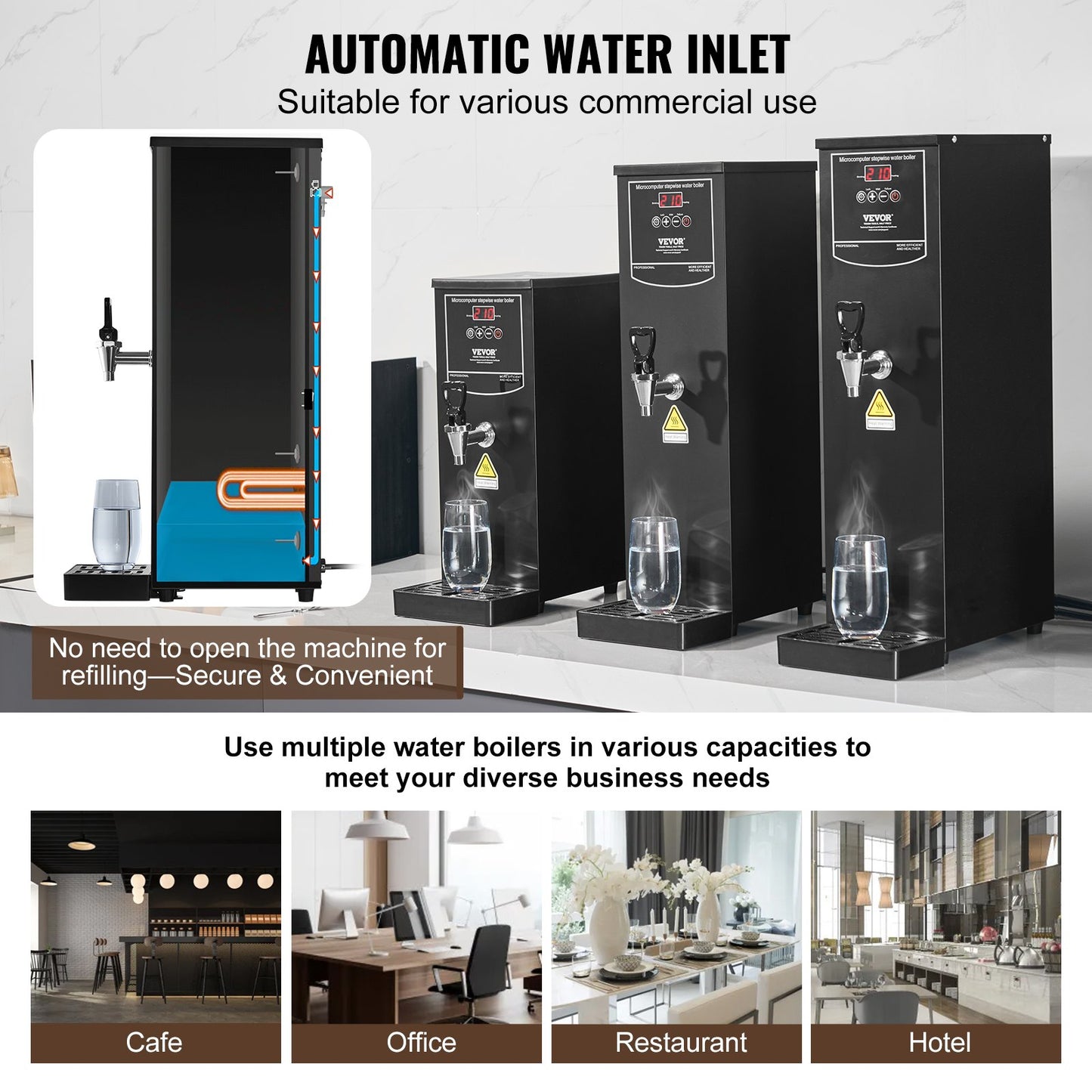 Commercial Water Boiler, Electric Hot Water Dispenser with 316 Stainless Steel Heating Tube, 1500W Step-by-step Fast Heating 50L per Hour Hot Water Boiler, for Coffee Tea Restaurant Office