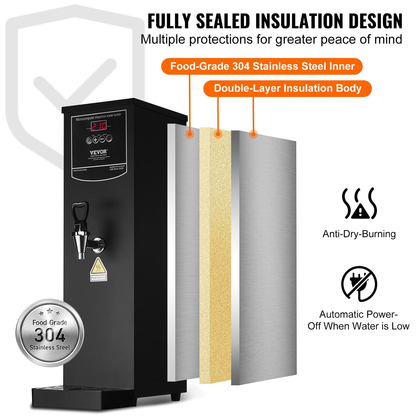 Commercial Water Boiler, Electric Hot Water Dispenser with 316 Stainless Steel Heating Tube, 1500W Step-by-step Fast Heating 50L per Hour Hot Water Boiler, for Coffee Tea Restaurant Office