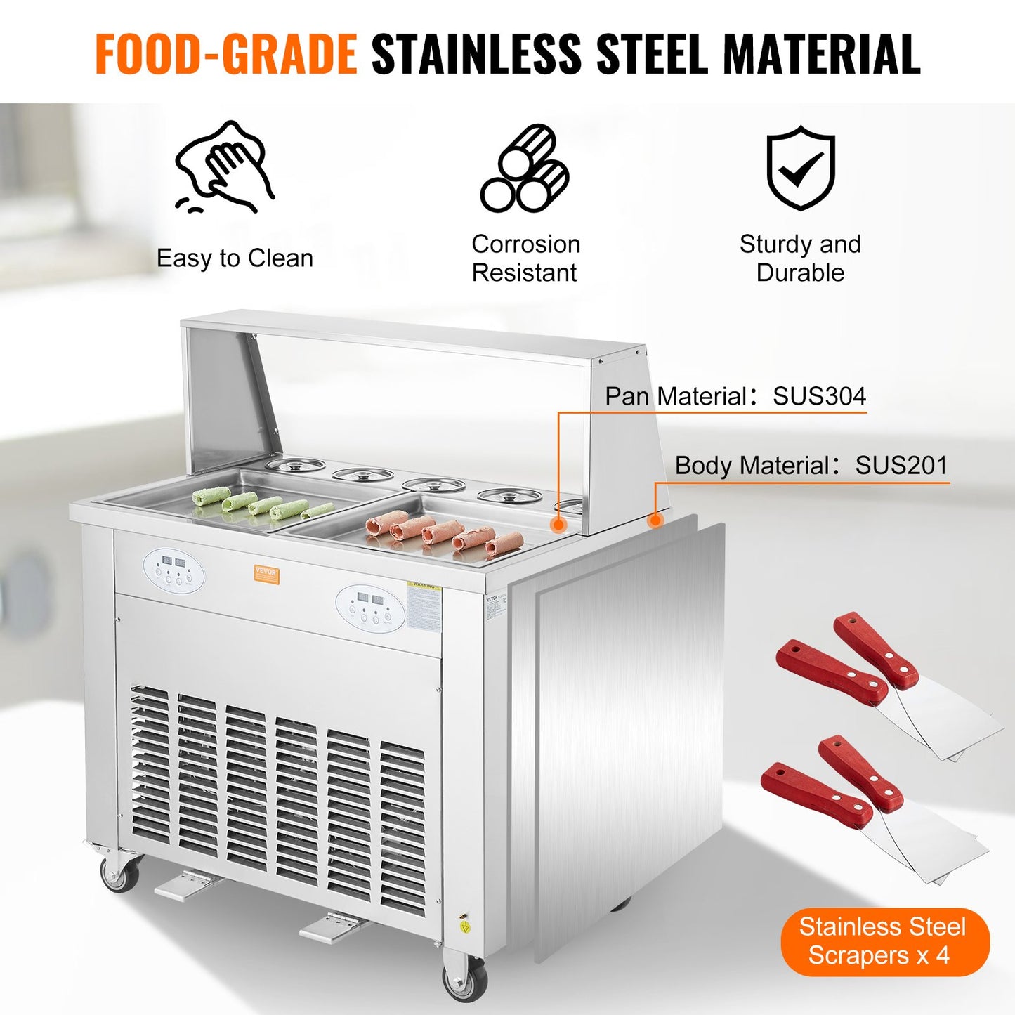 Gebratene Eiscreme-Rollenmaschine, gerollte Eismaschine, 35,4 x 35,4 cm, 2 Pfannen